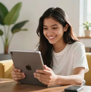 A happy South American teen smiling during a video call on a tablet, sitting in a bright room with a colorful minimalist plant background. Energetic, uplifting atmosphere with warm sunshine, professional photography.