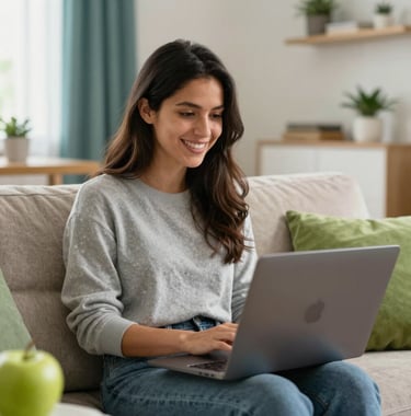 A cheerful Chilean woman in her 20s sitting on a bright living room couch in Santiago, smiling and talking during an online therapy session on her laptop. Natural bright warm light, modern cozy environment, styled with vibrant apple green and turquoise accents. Clean professional photography.
