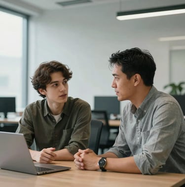 A professional mentor and a young founder discussing a business strategy in a modern Canadian office. The lighting is soft and natural, emphasizing an approachable and inspiring mentorship atmosphere.