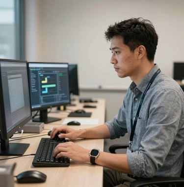 A digital entrepreneur in a professional Canadian setting, working with high-tech equipment, symbolizing the innovation and tools provided by the Ministry of Entrepreneurs.