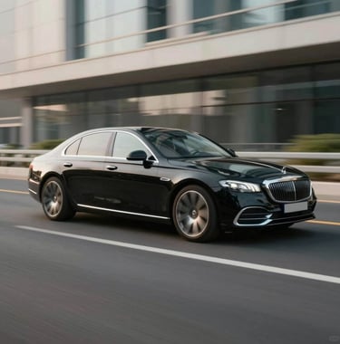 A sleek, black high-end sedan driving through a modern Dubai highway. Motion blur on the wheels, sharp focus on the chassis. Lighting highlights the metallic finish with #F5F8FA reflections and #4A6F8A tones in the asphalt.