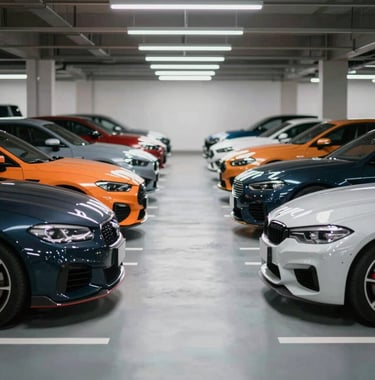 A row of luxury vehicles lined up perfectly in a bright, high-end parking garage. The composition is symmetrical, highlighting a variety of colors from #0A1128 to #F5F8FA, emphasizing choice and volume.