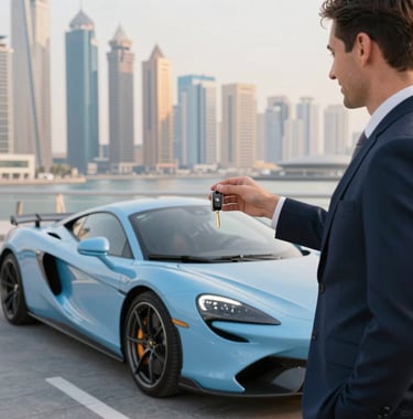 A satisfied customer receiving keys to a luxury sports coupe in front of a modern Dubai Marina backdrop, high-end atmosphere, professional lighting, using #F5F8FA and #4A6F8A.
