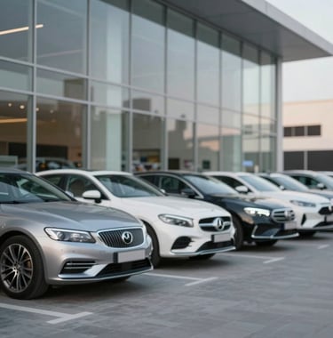 A collection of high-end vehicles lined up outside a modern glass-fronted dealership in Dubai, professional composition, clean and sophisticated lines.