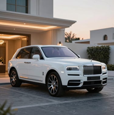 A luxury white SUV parked at a premium Dubai residential entrance at sunset, elegant lighting, reflecting #B8CEDE and #F5F8FA tones in the glossy paint.