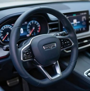 A top-down view of a luxury car steering wheel and dashboard, featuring premium leather stitching and digital displays. The color palette emphasizes #0A1128 leather and #B8CEDE glows from the interface.