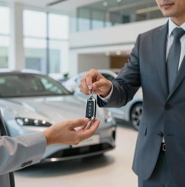 A professional interaction in a minimalist, sun-drenched Dubai car showroom. A consultant is handing over a sleek key fob to a client. High-end glass architecture, blurred luxury cars in the background. Colors include #F5F8FA and soft #4A6F8A.