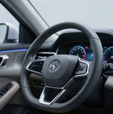 Macro shot of a high-end leather steering wheel and digital dashboard of a premium vehicle. The interior is modern and sophisticated, with soft ambient lighting in #4A6F8A and #B8CEDE tones. Professional automotive photography style.
