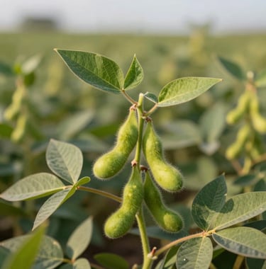 Close-up of healthy green soybean leaves in a sunlit Brazilian field, representing agricultural growth and high-performance commodities. Soft focus background, premium professional photography.