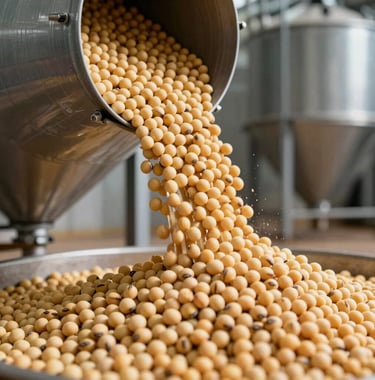 Detailed view of harvested soybeans being poured into a storage silo, metallic textures, professional lighting, representing wealth and production.