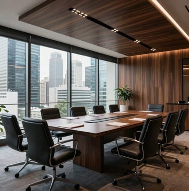 A modern, high-end meeting room in a Brazilian financial district, featuring dark wood and glass accents. A professional atmosphere reflecting institutional investment and financial security.