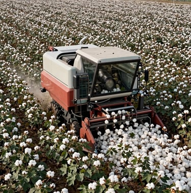 Modern agricultural machinery operating in a vast cotton field, white fibers contrasting with dark green leaves, daytime, high-resolution photography.