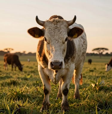 Close-up photography of prime beef cattle grazing in a lush, managed South American pasture during sunset. The lighting is warm and golden, emphasizing quality and high-standard livestock management.