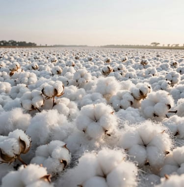 Clean, high-end photograph of a massive cotton harvest at dawn. The white cotton fibers stand out against the soft morning light, showcasing the scale and premium quality of Brazilian commodities.