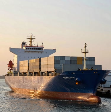 Large cargo ship at a modern Brazilian port being loaded with agricultural commodities, industrial scale, sunset lighting, professional photography.