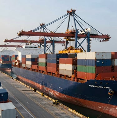 A large grain terminal at a Brazilian port with massive cargo ships being loaded for export, symbolizing global reach and the strength of the commodities market. Industrial and sophisticated aesthetic.