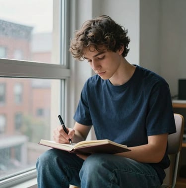 Candid photograph of a young person in a casual North American urban apartment, peacefully writing in a journal near a large window. Soft, natural lighting. Colors: Medium Navy, Steel Blue, and Pale Gray.