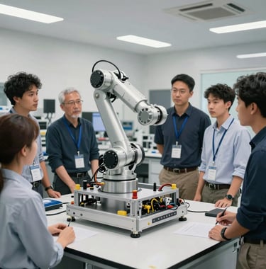 A diverse group of professional engineers in a North American tech lab collaborating around a large robotic chassis. Bright, airy environment.