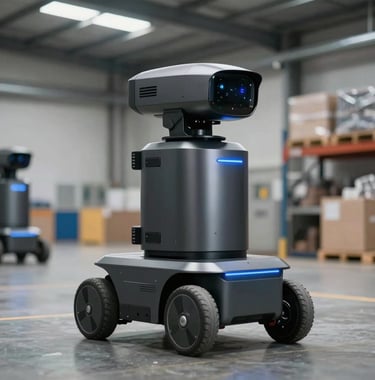 A sharp, professional photograph of an autonomous industrial security robot patrolling a modern warehouse facility in the US. The robot has a metallic charcoal finish with blue indicator lights, conveying reliability.