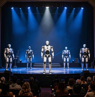 A wide shot of a luxury dinner theatre in Las Vegas. The stage features advanced humanoid robots performing under dramatic blue spotlights. Sophisticated North American / US audience silhouettes in the foreground.