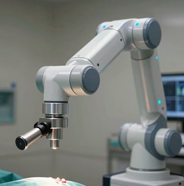 Close-up of a high-tech medical robot arm used for surgery, featuring polished metallic surfaces and soft blue light indicators. Professional North American / US clinic setting.