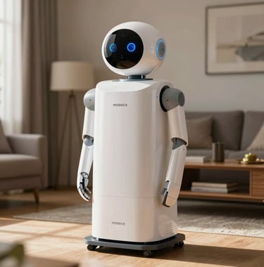 An elegant photography of a domestic helper robot in a luxury North American smart home setting. The robot's design is minimalist and sophisticated, captured in warm, natural morning light.