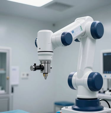 A close-up photography of a high-precision medical robotic arm in a brightly lit, clean North American surgical suite. The robot is white with navy blue accents, reflecting cutting-edge technology and precision.