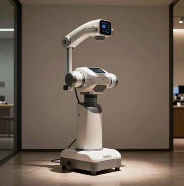 An elegant, minimalist display in the New York showroom featuring a specialized medical robot under a soft spotlight.