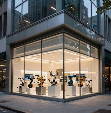 An exterior shot of a modern glass-and-steel showroom in New York City at dusk. The interior is brightly lit, showcasing premium robotics. North American / US urban landscape.