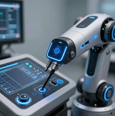 Close-up of a high-tech robotic interface with glowing blue accents and sophisticated sensors. Sharp focus, professional lighting.
