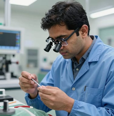 A professional South Asian technician wearing a clean blue lab coat and magnifying glasses, carefully inspecting a surgical instrument in a bright, modern Pakistani manufacturing facility.
