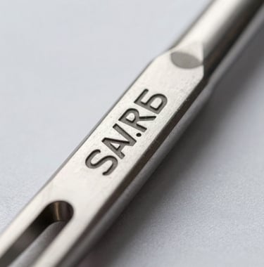 Close-up photography of a laser-engraved logo on a stainless steel surgical instrument, showing crisp detail and professional finish under bright studio lighting.