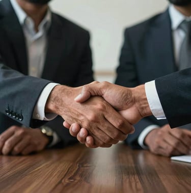 Close up of South Asian business partners shaking hands across a meeting table, professional and trustworthy mood.