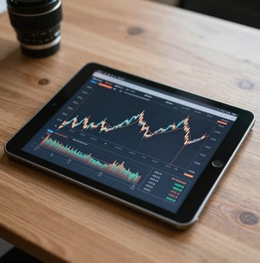 Digital tablet displaying financial growth charts on a wooden desk, clean and modern corporate aesthetic.