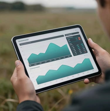 A close-up of a tablet screen showing real-time environmental data graphs in shades of teal and gray, held by a person in professional attire in an outdoor field setting.