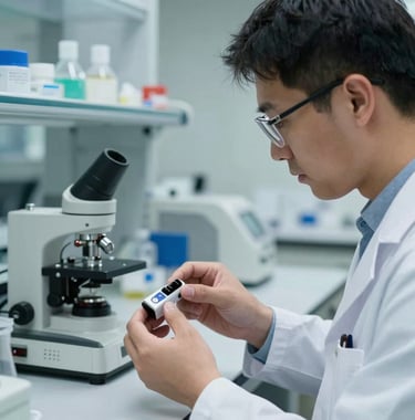 A professional scientific researcher in a clean lab environment, focusing on a wearable sensor device. Soft focus on the background showing teal and steel blue laboratory equipment. Professional photography in a North American setting.