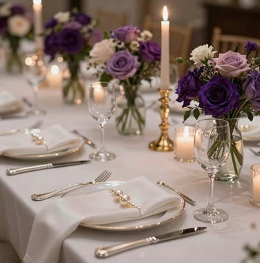 A close-up photograph of an opulent wedding table setting. It features pearl white silk napkins, heavy silver cutlery, and hand-blown glass vases filled with deep violet and soft rose flowers, illuminated by the golden glow of tall tapers.