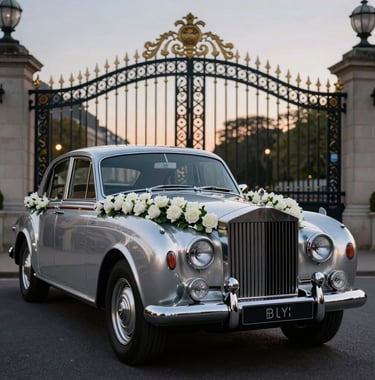 A vintage silver Rolls Royce decorated with a cascading garland of white roses, parked in front of a majestic wrought iron gate at dusk.