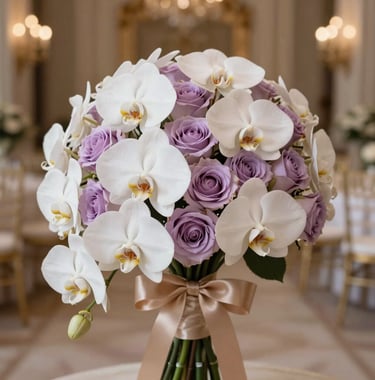 Close-up of an exquisite bridal bouquet featuring rare white orchids and soft lavender roses, tied with a muted gold silk ribbon. The background is a soft-focus blur of a luxury ballroom with warm golden candlelight.