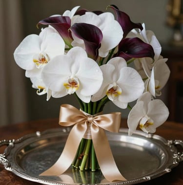 A detail shot of an exquisite bridal bouquet consisting of rare white orchids and deep plum calla lilies, tied with a heavy gilded sand satin ribbon, resting on an antique silver tray.