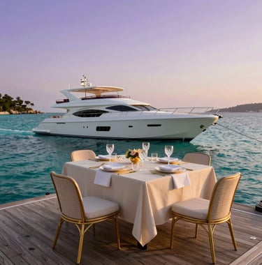 Wide shot of a luxury yacht moored in a turquoise bay at sunset. The deck is styled for an intimate dinner with soft cream linens, crystal glassware, and elegant muted gold accents under a soft lavender sky.