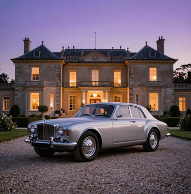 A sleek, vintage silver luxury car parked on a gravel path leading to a grand estate. The scene is illuminated by the soft purple glow of dusk and warm architectural lighting from the villa's facade.