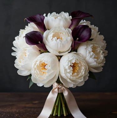A stunning bridal bouquet of rare white peonies and deep purple calla lilies, tied with a long champagne-colored silk ribbon. Moody, high-contrast studio lighting.