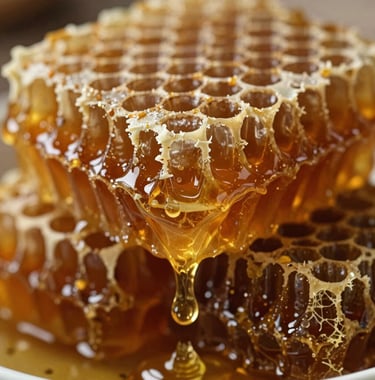 A detailed macro photograph of natural wax honeycomb dripping with thick, warm golden honey nectar. Soft sunlight catches the golden amber liquid as it slowly drips. Earthy brown and deep amber tones, natural light, crisp focus on honey droplets.