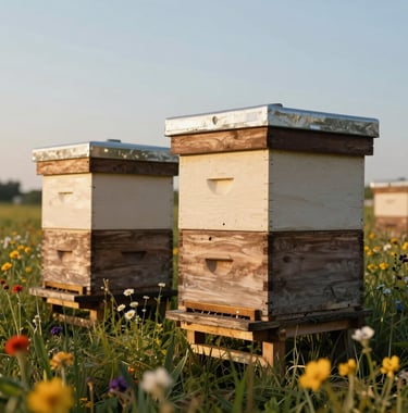 A photograph of a North American / US apiary in a sunny rural meadow with colorful wildflowers. Wooden bee hives in muted earthy brown and cream stand under a clear sky. Warm morning lighting with soft golden glow.