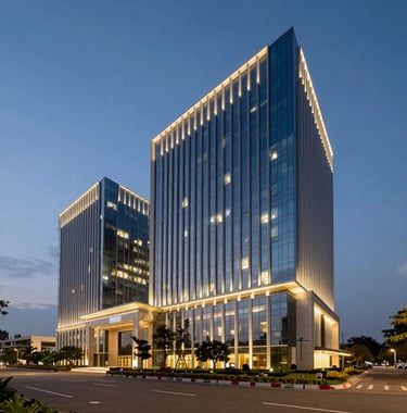 The exterior of a sleek, modern commercial hub in Bangalore at dusk. The building is illuminated with warm lights that contrast with the Steel Blue evening sky, showcasing clean lines and premium architecture.