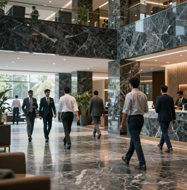 A professional and modern lobby of a premium commercial complex in Bangalore. The space uses a palette of muted blue-grey and dark slate grey marble. Professionals in South Asian / Indian business attire are seen in a blurred background, conveying a sense of dynamic commercial activity and trust.