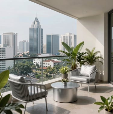 A crisp, detailed shot of a luxury apartment balcony overlooking the Bangalore skyline, decorated with minimalist silver-grey furniture and lush green plants.