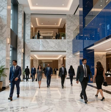 A high-end commercial lobby in a South Asian / Indian business district. The space features polished marble in Ice White and Steel Blue accents, with professional individuals in formal attire walking through the modern space.