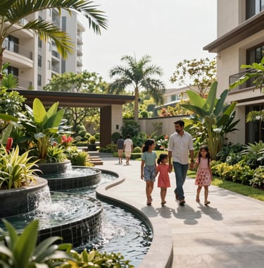 A beautifully landscaped outdoor courtyard of a Sobha residential project in Bangalore. The scene includes flowing water features and lush tropical plants under bright daylight. A South Asian / Indian family is walking through the garden, highlighting the premium community lifestyle.